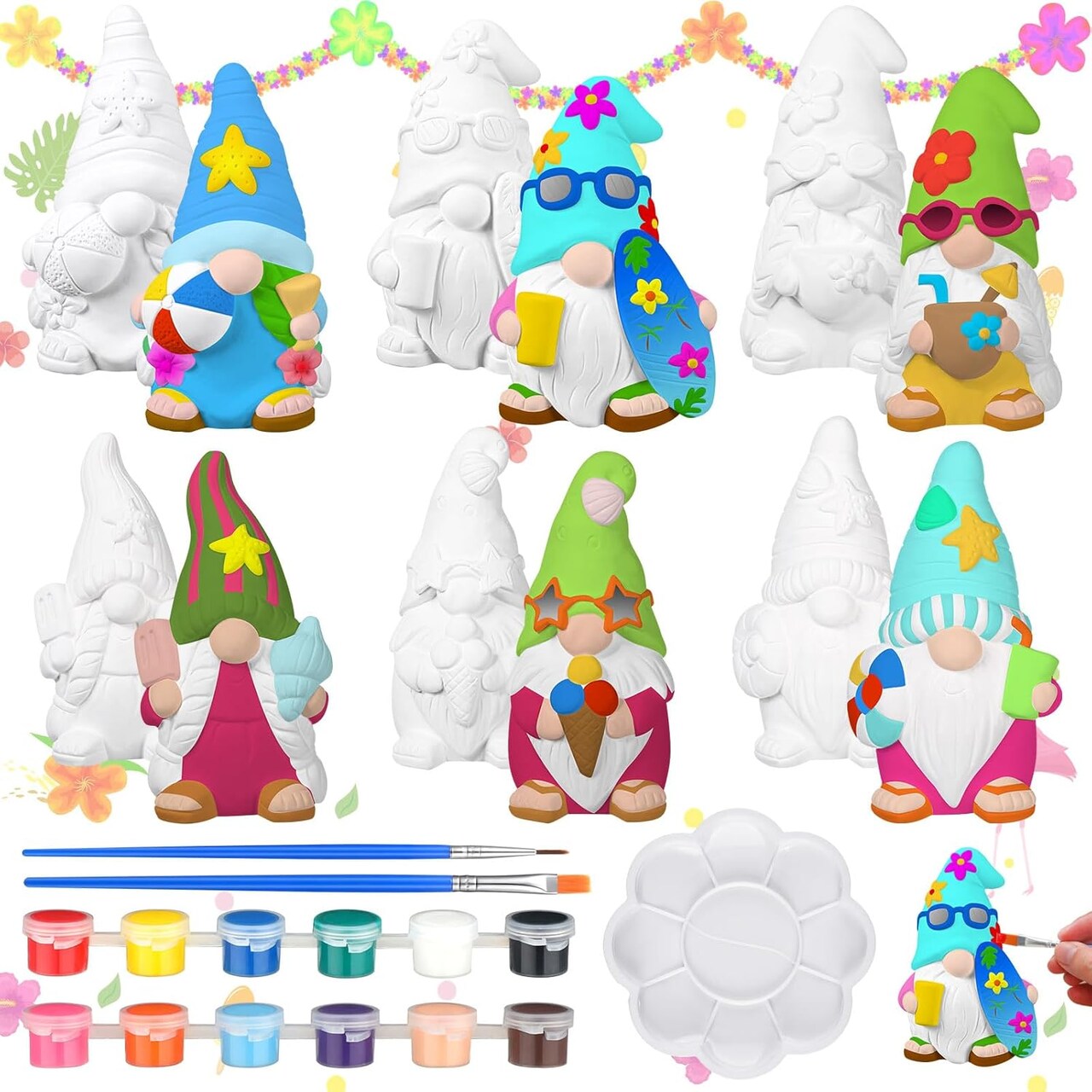 6 Set Paint Your Own Ceramic Gnome Kit – Unpainted DIY Plaster Gnome Statues with Paints, Brushes & Palette for Adults, Summer Arts & Crafts Home Decor Figurines